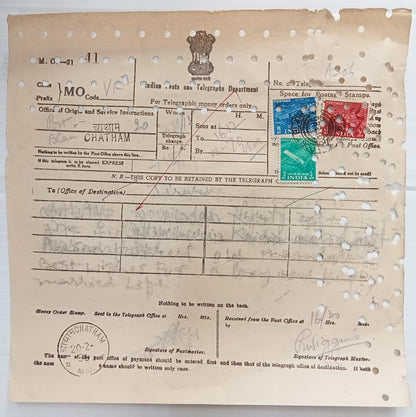 AOP India telegram wi postage stamps 1955 3a, 4a & 8a used CHATHAM, Port Blair