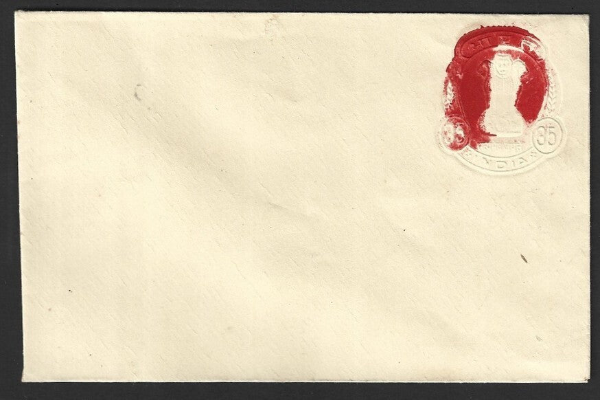 India 35p red envelope with unusual part albino error