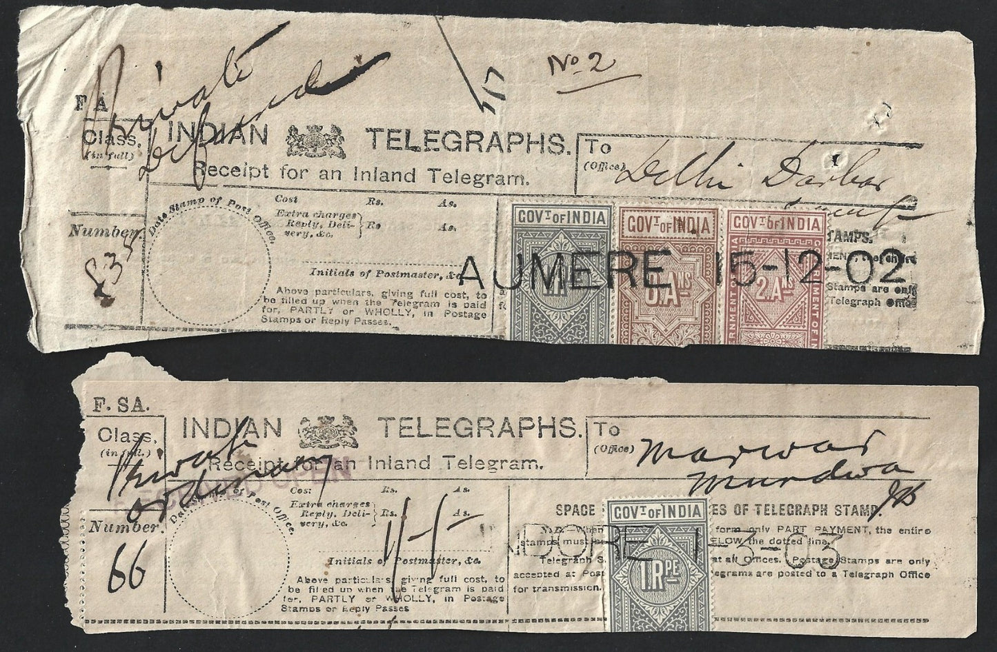 India 1876-1906 collection of telegraph receipts used from 12 different towns