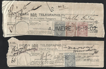 India 1876-1906 collection of telegraph receipts used from 12 different towns
