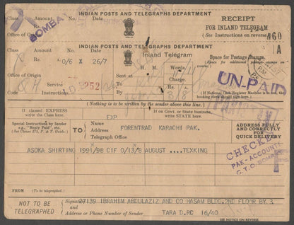 AOP India telegram wi 1949 Archaeological postage used BHAJIPALA LANE, BOMBAY