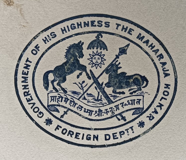 India 1929 letter GOVERNMENT OF HIS HIGHNESS THE MAHARAJA HOLKAR/FOREIGN DEPT