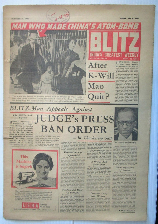 India Blitz 31 Oct 1964 issue AFTER K – WILL MAO QUIT? see condition