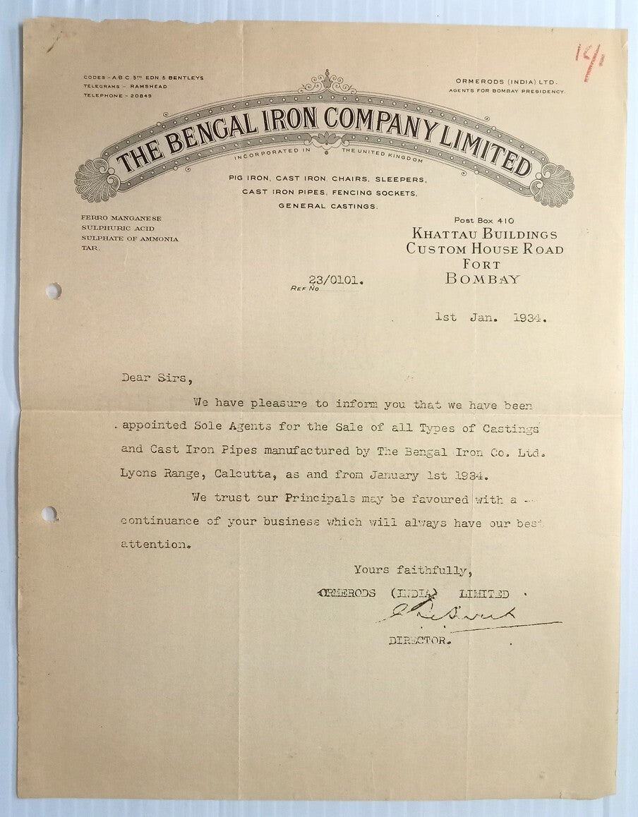 AOP Bengal Iron Co. Bombay 1934 illustrated letterhead India	