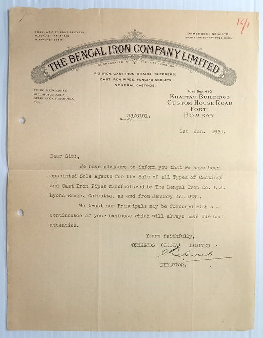 AOP Bengal Iron Co. Bombay 1934 illustrated letterhead India	