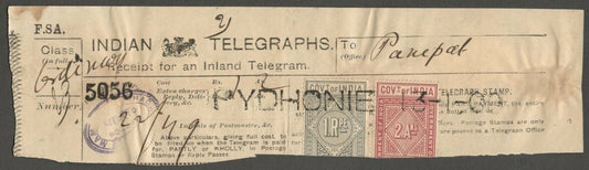 AOP India Telegraph stamps on 1900 PYDHONIE Telegraph receipt