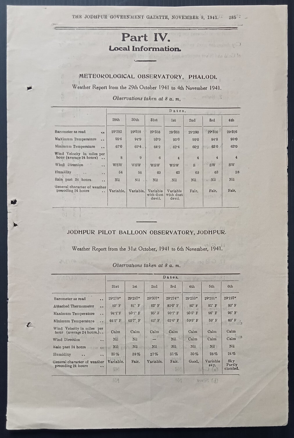 India 1941 Jodhpur Pilot Balloon Observatory weather report