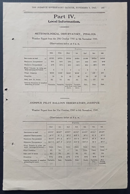 India 1941 Jodhpur Pilot Balloon Observatory weather report