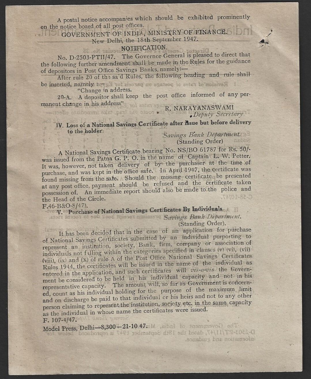 India POSTAL NOTICE #35 20 Oct 1947 Postage rates Egypt & Transjordan + CIRCULAR