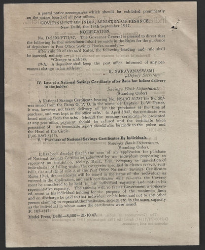 India POSTAL NOTICE #35 20 Oct 1947 Postage rates Egypt & Transjordan + CIRCULAR