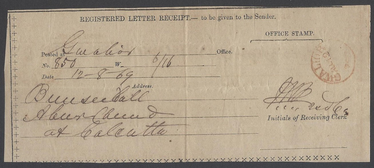 AOP India 1869 Registered Letter Receipt canc red GWALIOR sc