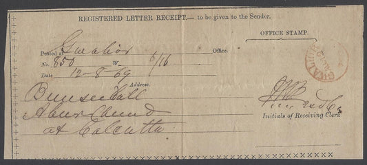 AOP India 1869 Registered Letter Receipt canc red GWALIOR sc