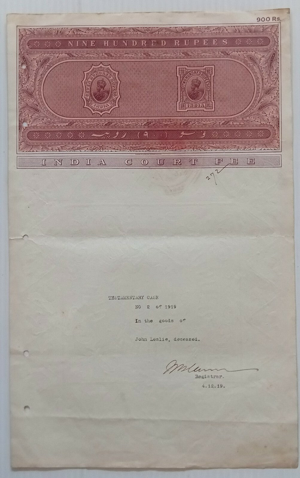 AOP India KGV 1913 900R stamp paper