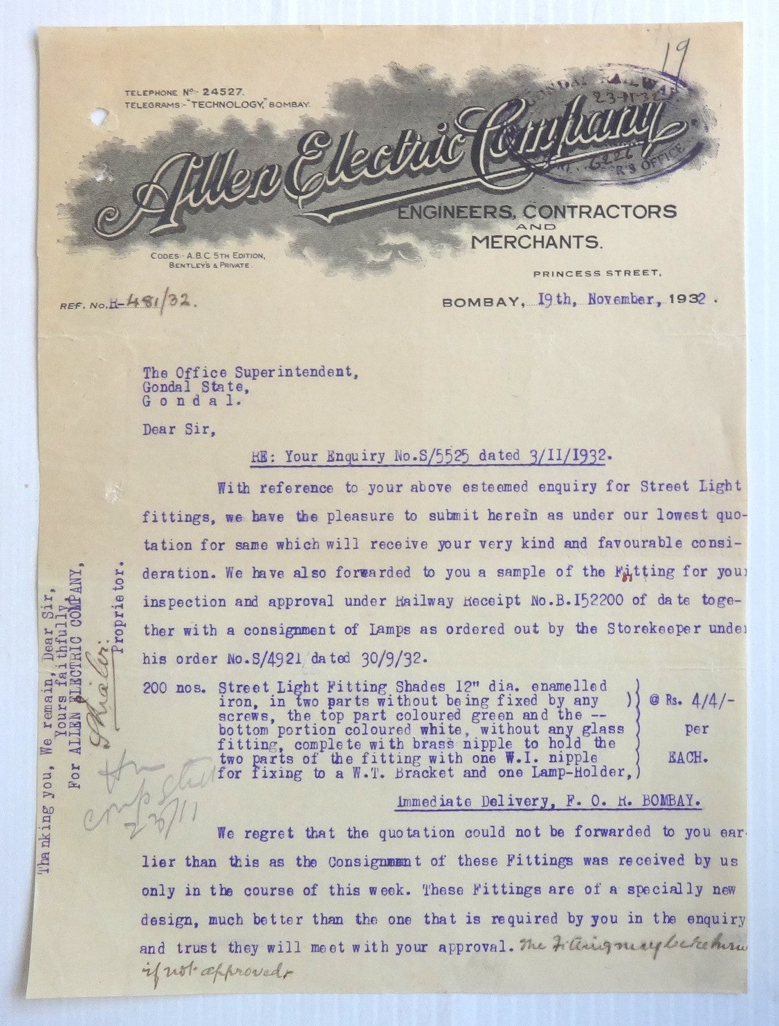 India 1932 Allen Electric Co. Engineers Illustrated Letterhead