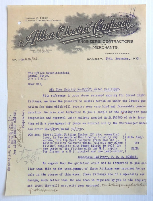 India 1932 Allen Electric Co. Engineers Illustrated Letterhead