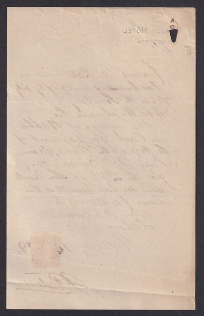 India 1919 Savoy Hotel, Mussorie receipt for 250R for rentin a piano to Maharaja