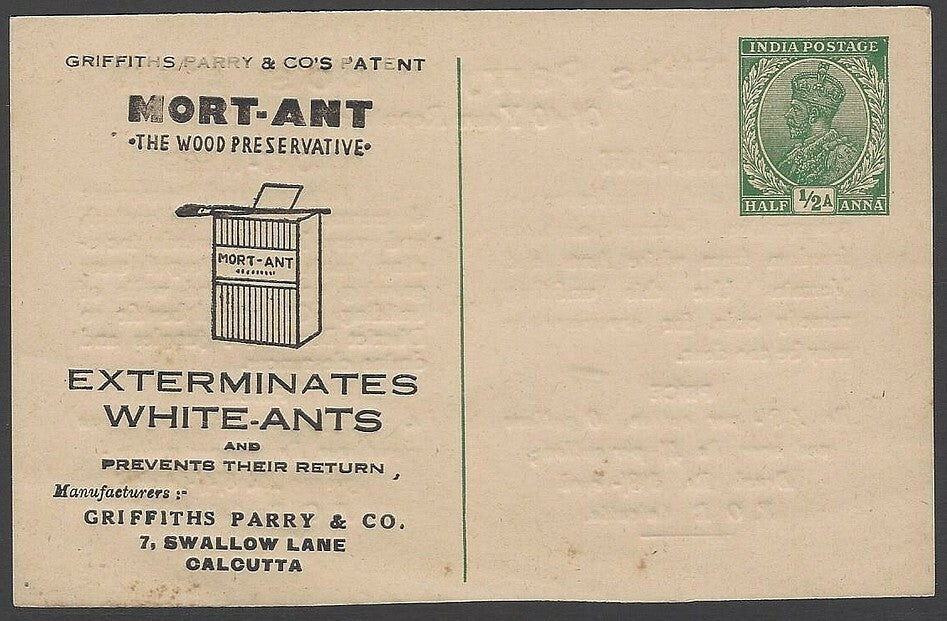 India KGV 1/2a postal card with MORT-ANT advertisement unused