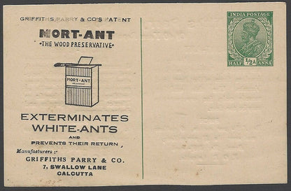 India KGV 1/2a postal card with MORT-ANT advertisement unused