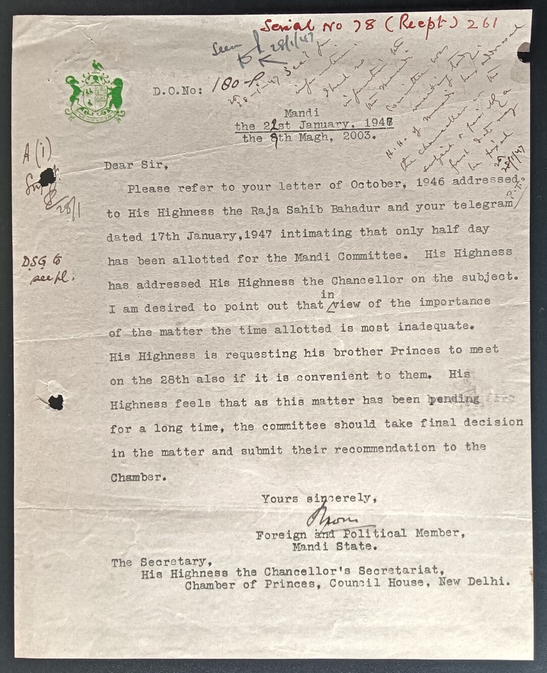 India 1947 crested letter MANDI STATE