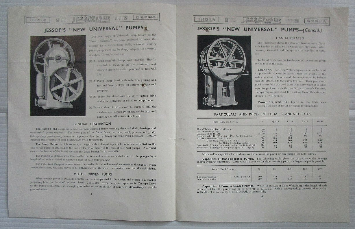 India 1939 advertizement leaflet for Station & New Universal Pumps etc