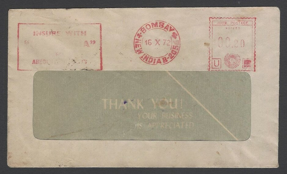 AOPIMT India 1972 cover with boxed R. R. TAX PREPAID IN CASH - NEW INDIA ASSO.