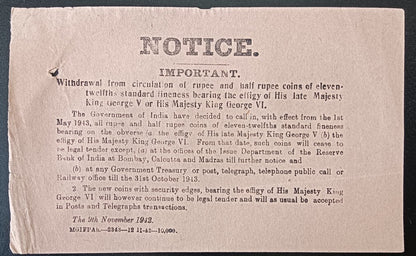 India NOTICE 9th November 1942 Withdrawal Rupee & Half Rupee Coins KGV & KGVI