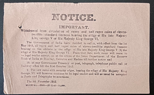 India NOTICE 9th November 1942 Withdrawal Rupee & Half Rupee Coins KGV & KGVI