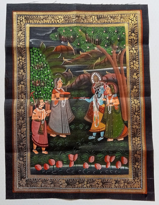India vintage hand painting on cloth RADHA & KRISHNA 9 x 12 inches
