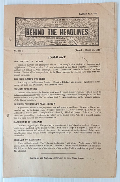AOP India 1944 WW2 Propaganda rag BEHIND THE HEADLINES THE BATTLE OF BURMA 8pgs