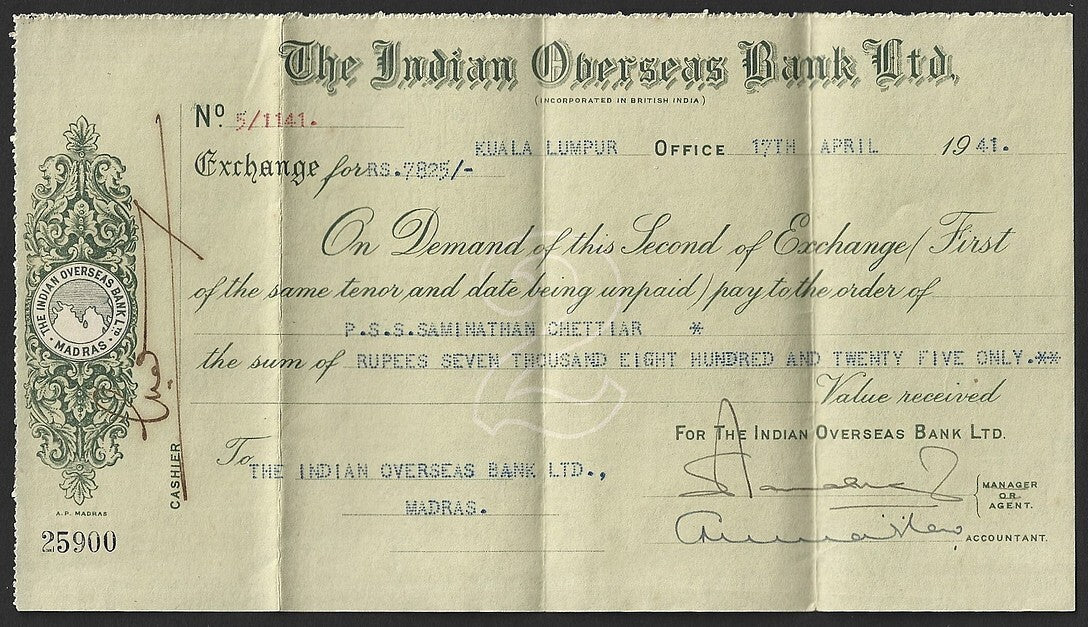 Malaya Indian Overseas Bank, Kuala Lumpur 1941 check cheque