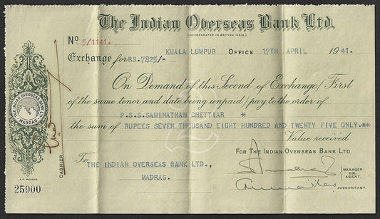 Malaya Indian Overseas Bank, Kuala Lumpur 1941 check cheque