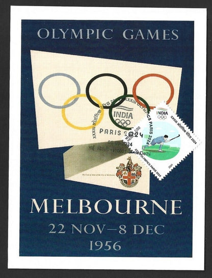 India 2024 Paris Olympics maxi card wth 1956 Melbourne Australia Olympics cachet