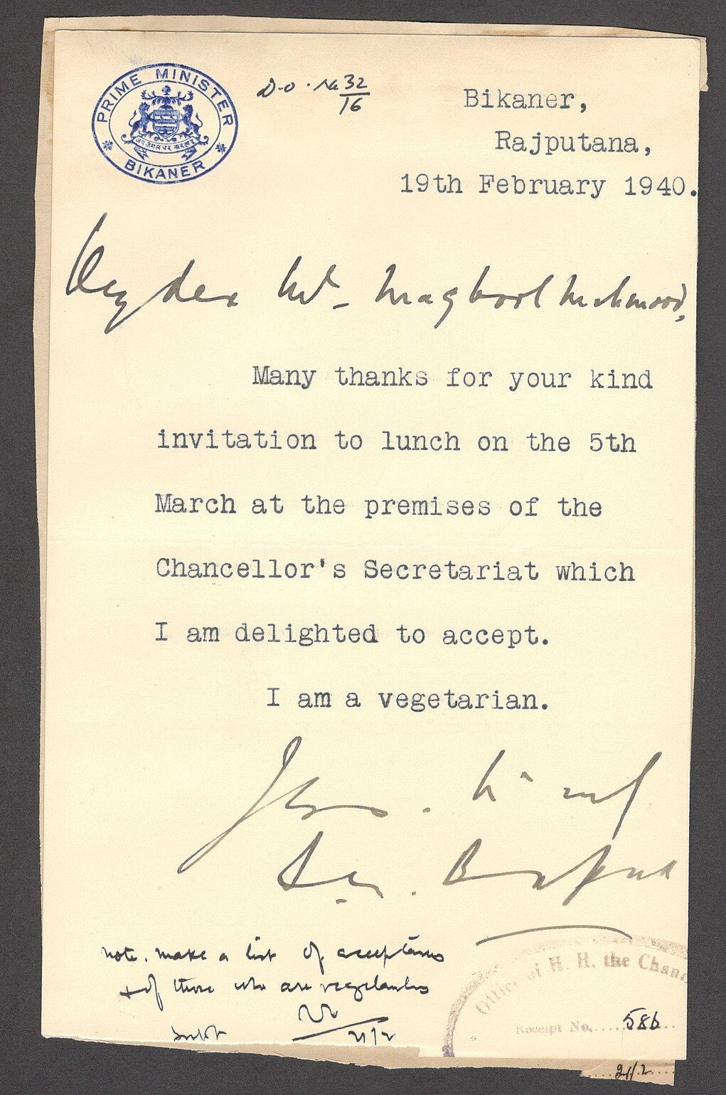 India 1940 crested letter PRIME MINISTER / BIKANER signed