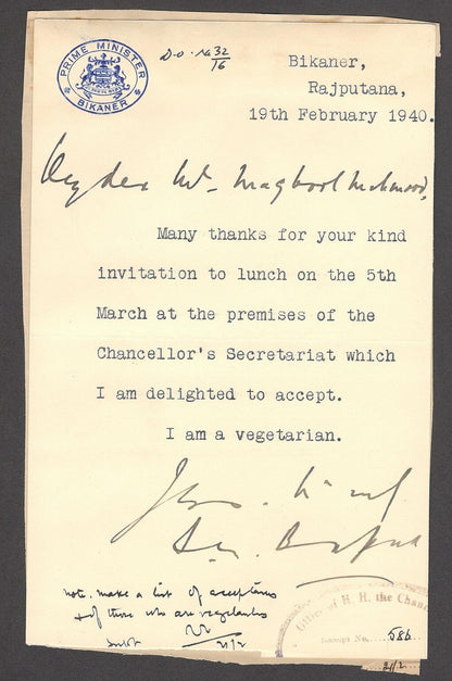 India 1940 crested letter PRIME MINISTER / BIKANER signed
