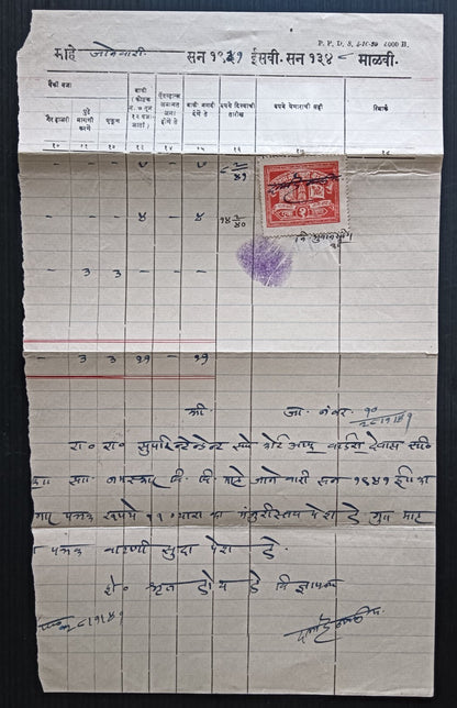 India Dewas State Sr. 1a red War Fund stamps used as a revenue stamp on document