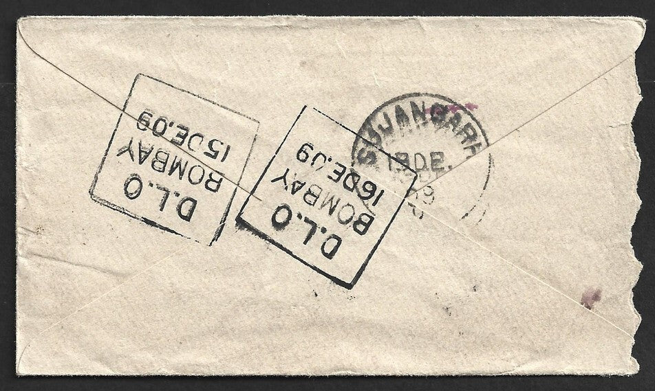 AOP India KEdVII env with boxed "D.L.O./BOMBAY" 1909
