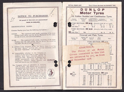 India Retail Price List DUNLOP PNEUMATIC MOTOR TYRES 1918-19
