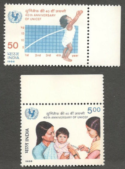 AOP India 1986 40th Ann of United Nations Children's Fund (UNICEF) MNH set of 2
