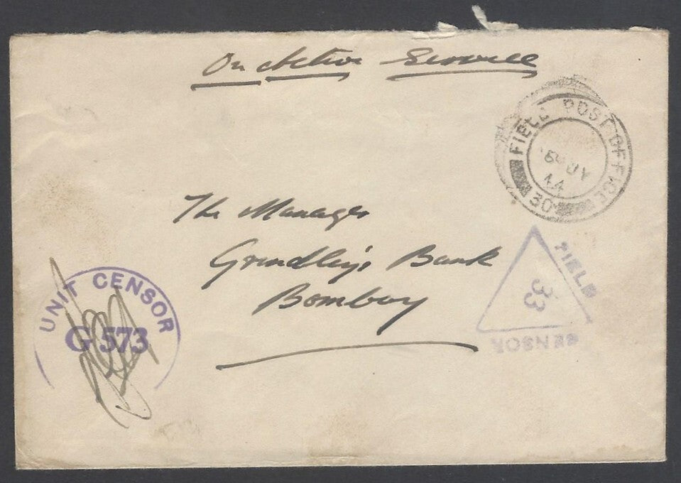 AOP India WW2 1944 On Active Service cover FPO 30 & 2 censors