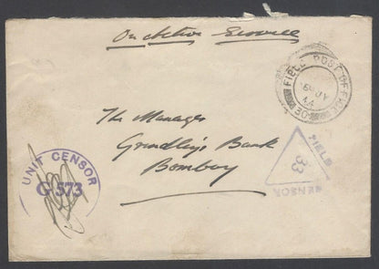 AOP India WW2 1944 On Active Service cover FPO 30 & 2 censors