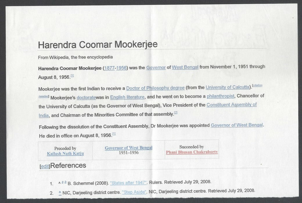 AOP India sketch of Hemandra Kumar Mukherjee signed by him