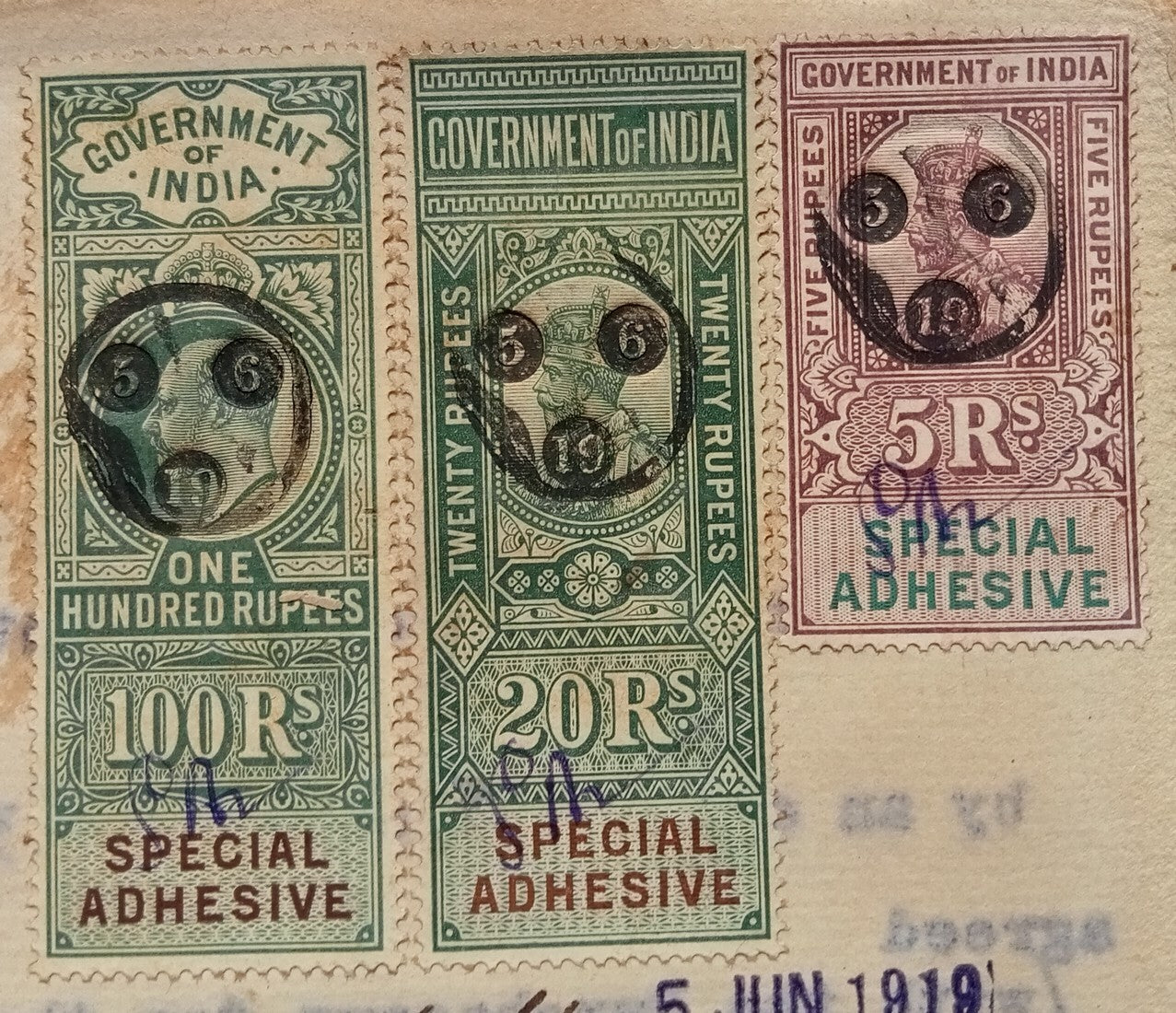 AOP India Special Adhesive KEdVII 100R & KGV 5r & 20R on 1916 indenture & map