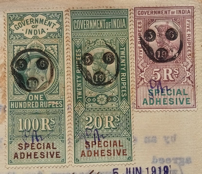 AOP India Special Adhesive KEdVII 100R & KGV 5r & 20R on 1916 indenture & map