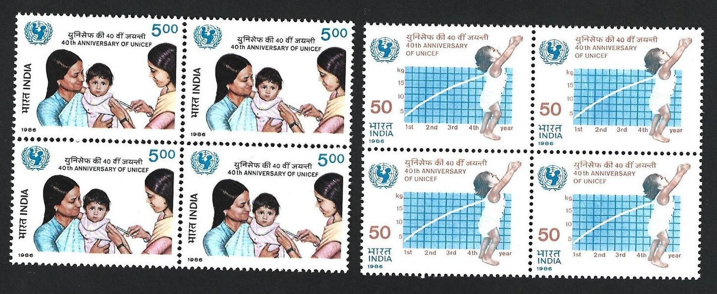 India 1986 UNICEF set of 2 MNH blocks of 4