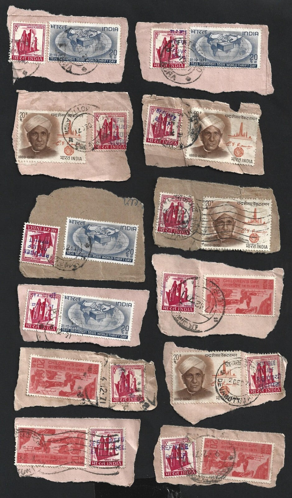 India 1971 Refugee Relief rubberstamp ovpts on pieces 19 pic LARGE COLLECTION