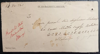 AOP India 1913 OHMS env frm Resident of Jaipur to Madho Singh Maharaja of Jaipur