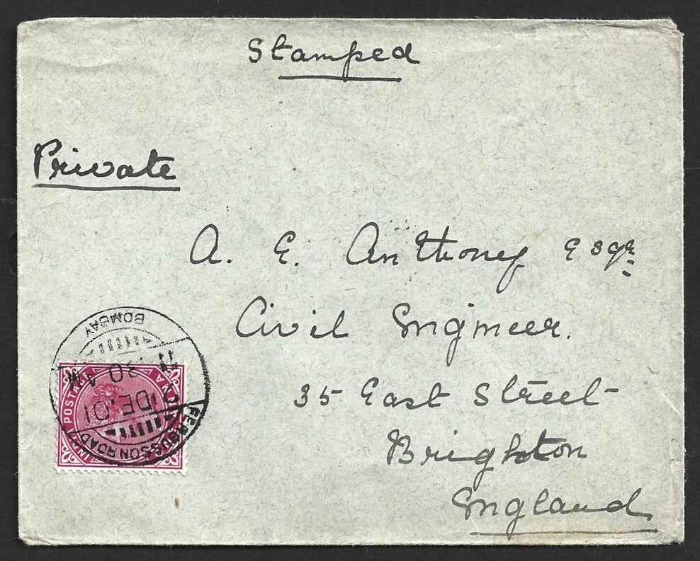 AOP India QV 1900 1a carmine on 1901 neat cover to England