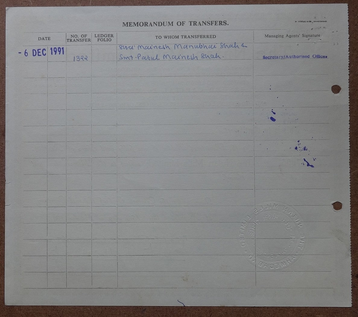India 1967 The Nutan Mills share certificate