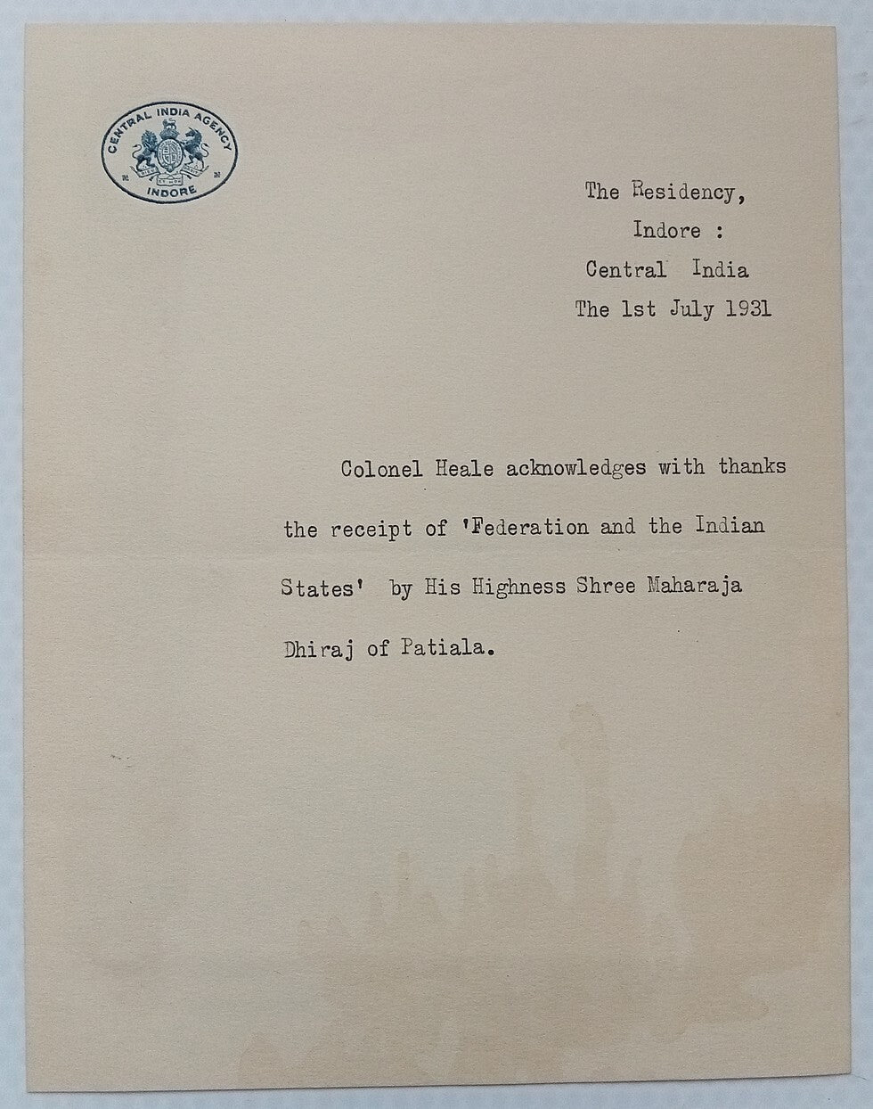 CENTRAL INDIA AGENCY * INDORE crested letter 1931 India