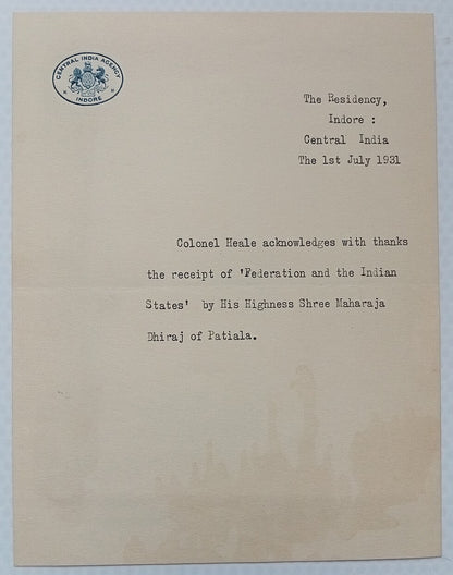 CENTRAL INDIA AGENCY * INDORE crested letter 1931 India